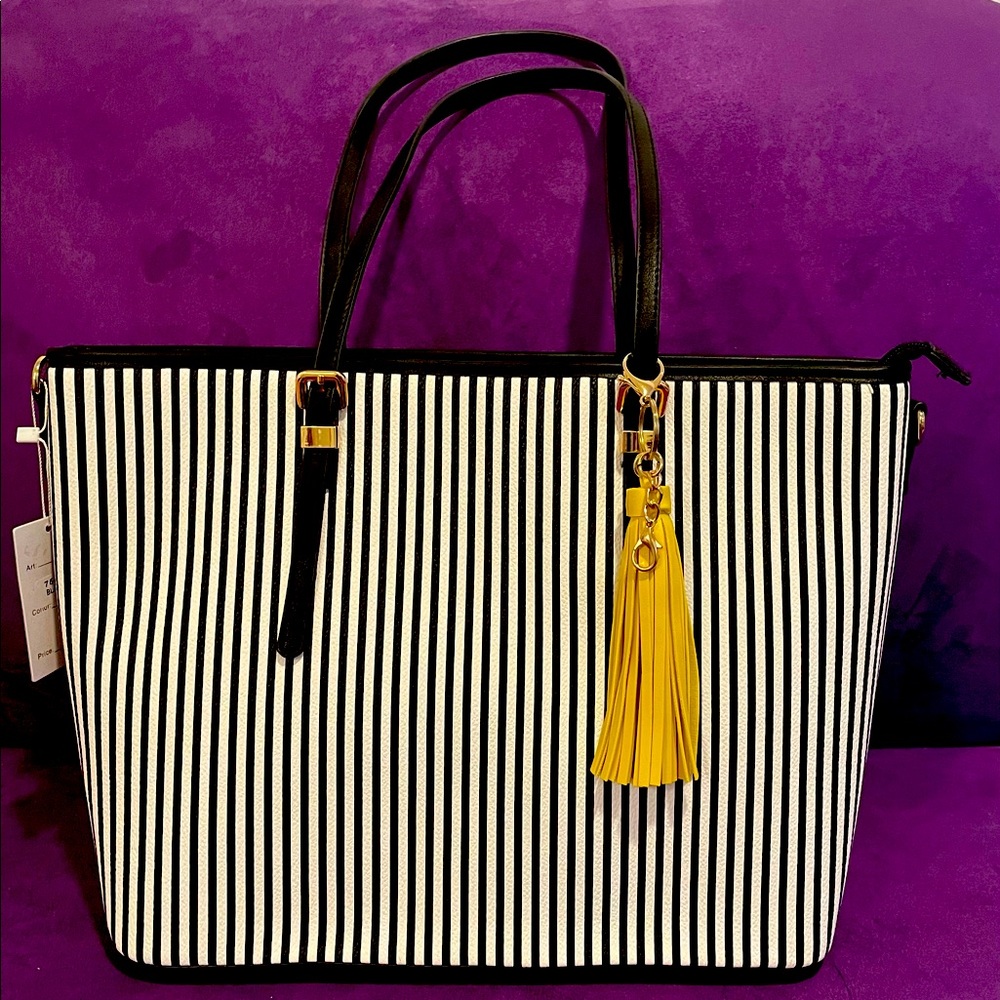 Black and white pin stripe tote handbag
